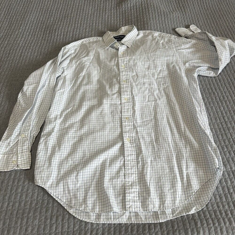 Polo Golf Ralph Lauren Preppy Men’s White Blue Check Cotton Button-Up Shirt L